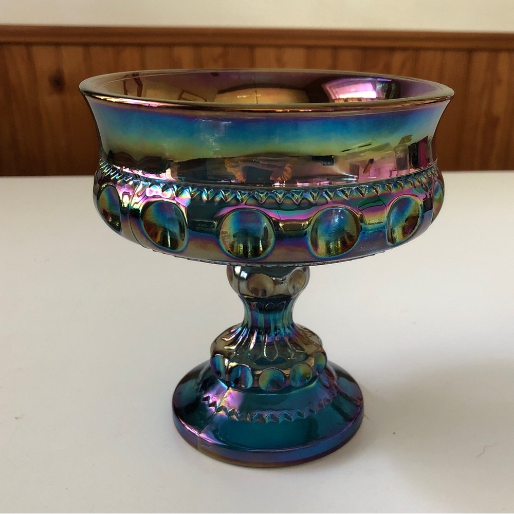 Iridescent Carnival Glass Compote - Multicolor Decorative Pedestal Bowl